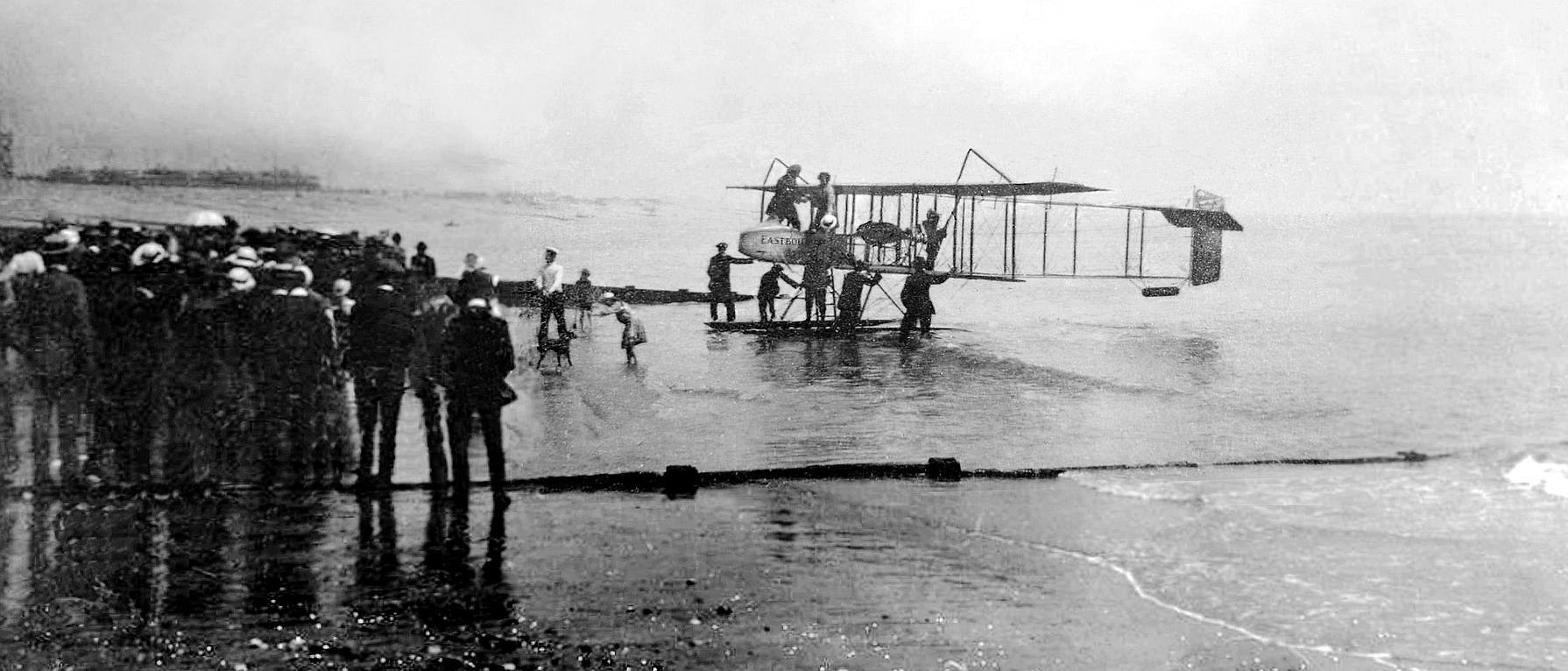 The Eastbourne Aviation Company launch a seaplane on the beach