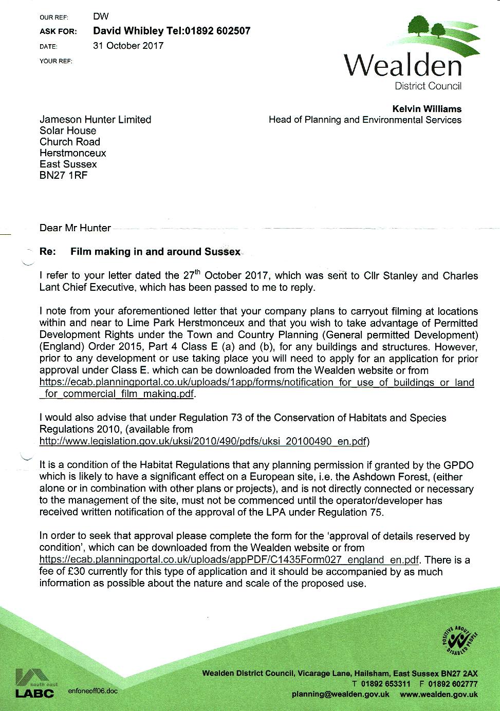 Jameson Hunter filming in Sussex not allowed by Wealden District Council