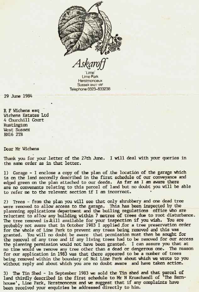 Nicolia (Nick) Askaroff's letter to Wicken's Estates Ltd, June 1984